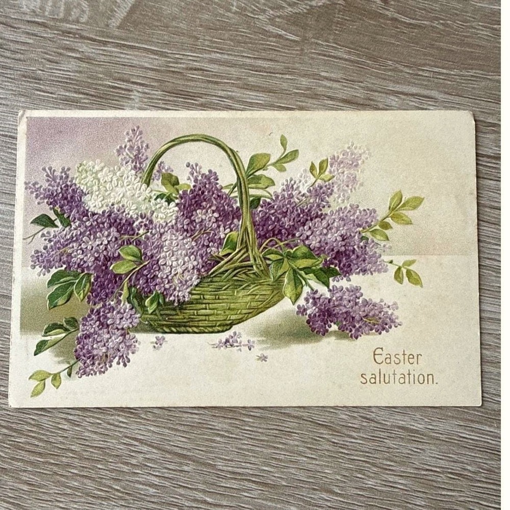 Antique Easter Salutation Postcard Embossed Lilacs Basket Made in Germany 1910s
